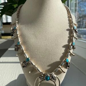 Naja Vintage Sterling Silver Turquoise Navajo Squash Blossom Necklace 21"